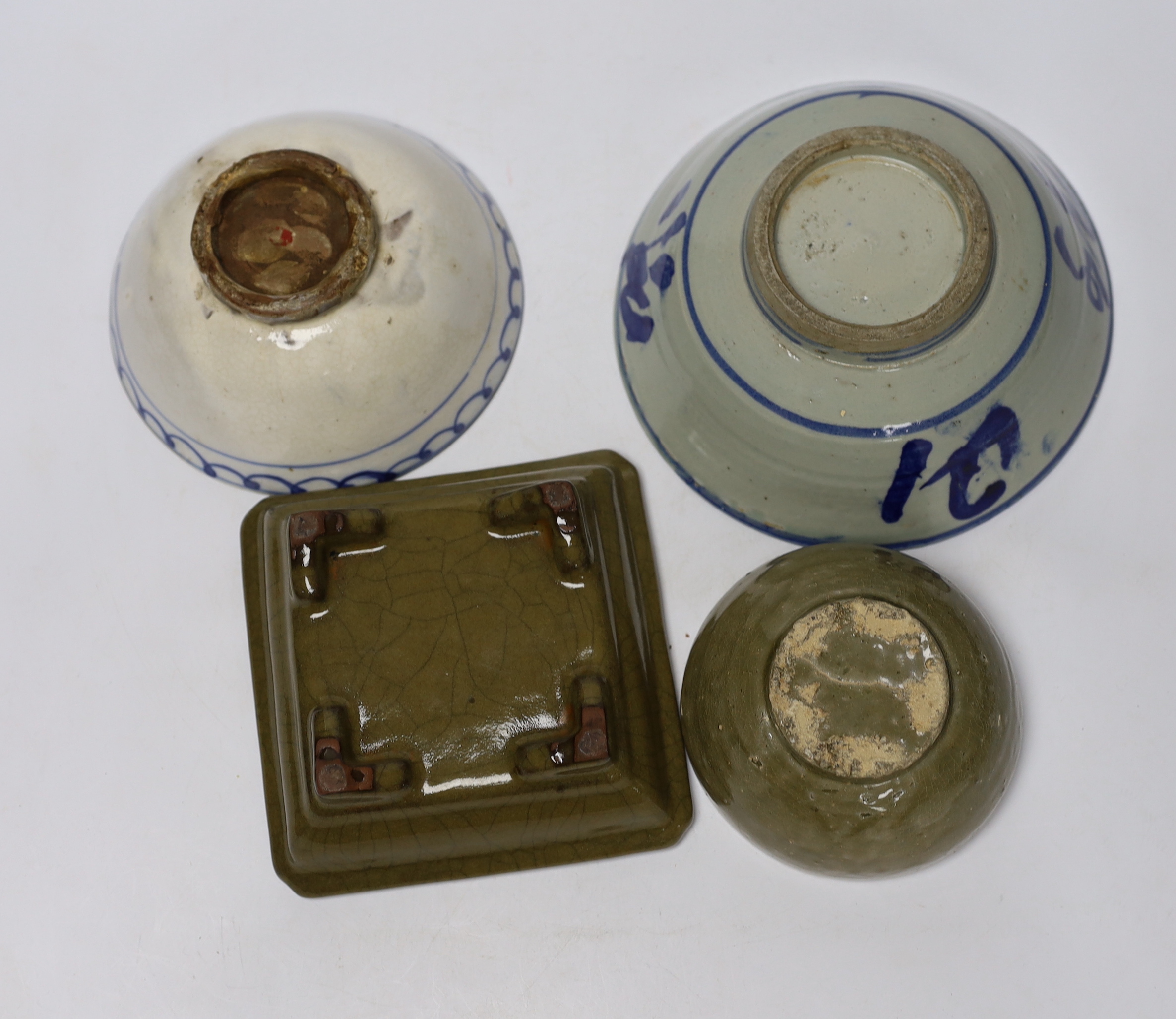 Three Chinese bowls including two blue and white examples, together with a ge ware type square dish, largest 20cm in diameter
